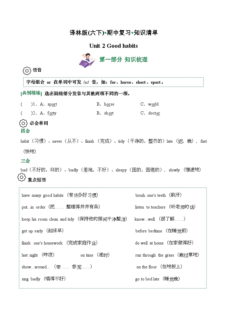译林版英语六年级下册Unit 2知识点过关 (含答案)第1页