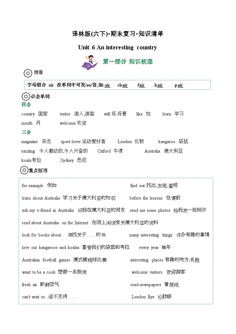 译林版英语六年级下册Unit 6知识点过关 (含答案)第1页