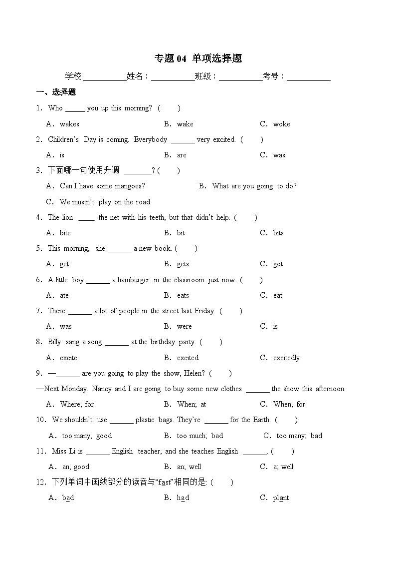 译林版英语六年级下册期中复习专题04 单项选择题练习（（含答案）第1页