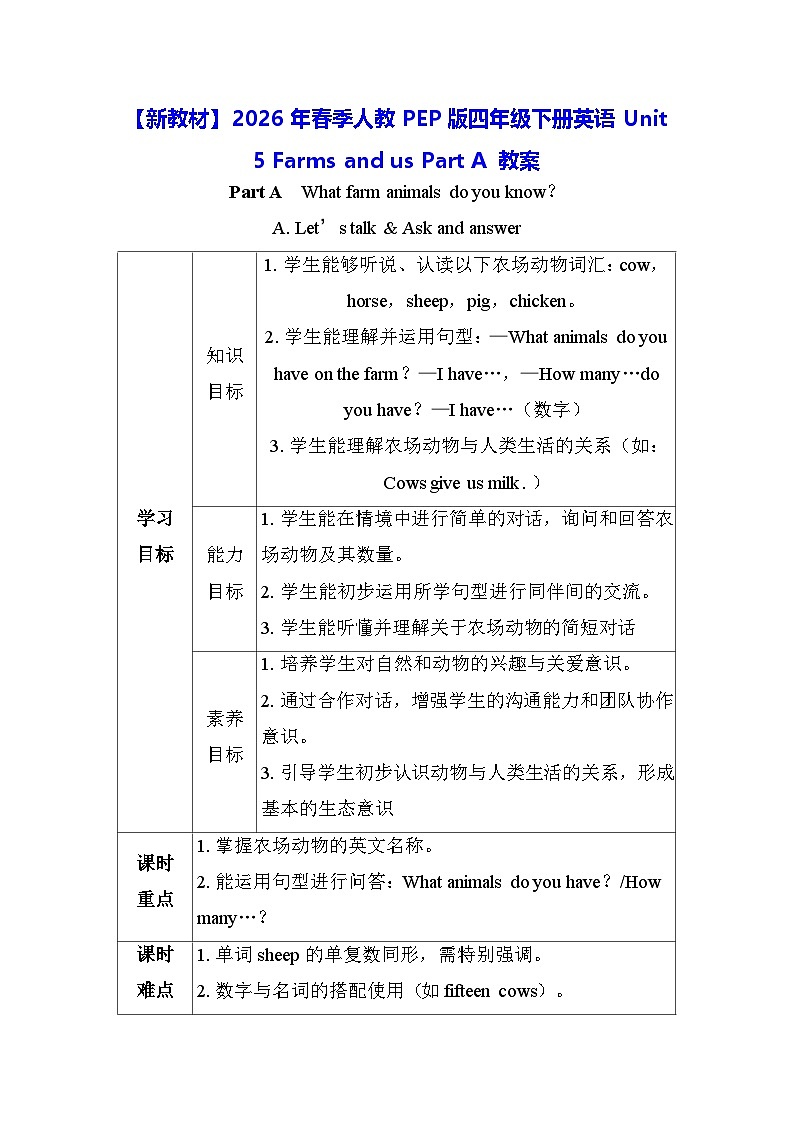 【新教材】2026年春季人教PEP版四年级下册英语Unit 5 Farms and us Part A 教案第1页