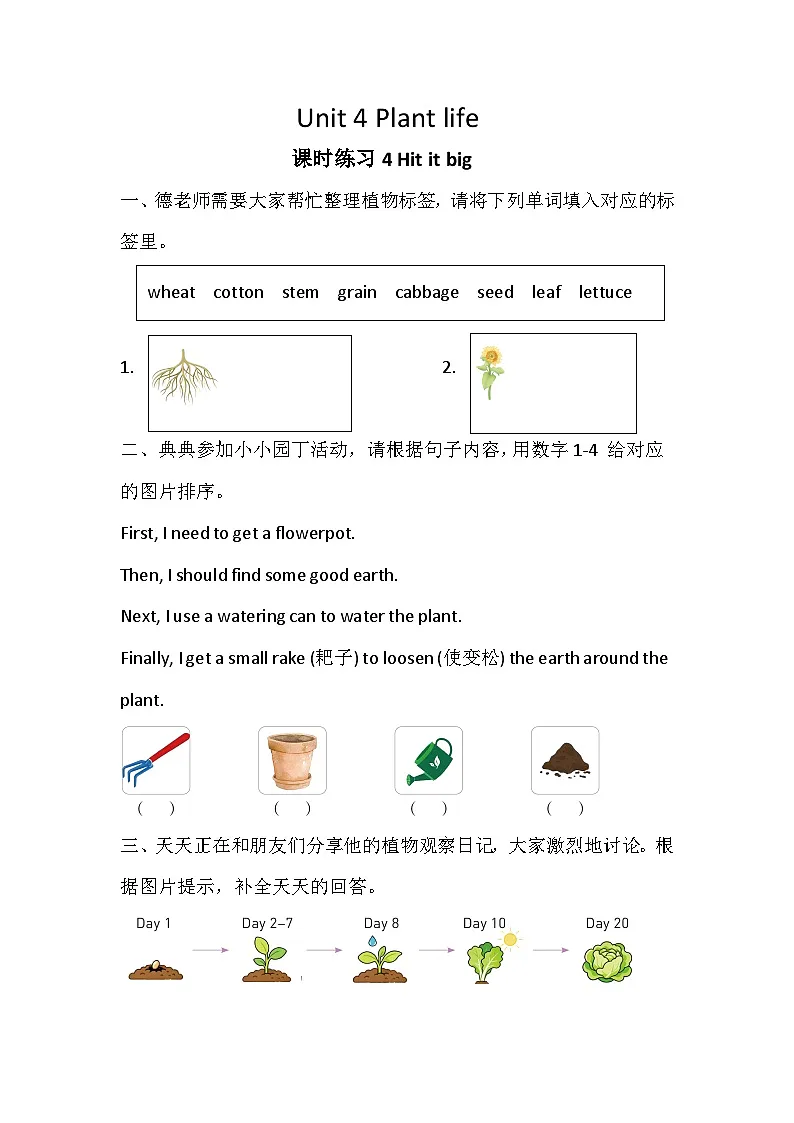 Unit 4 Plant life 课时练习4 Hit it big（含答案）-外研版英语四下第1页