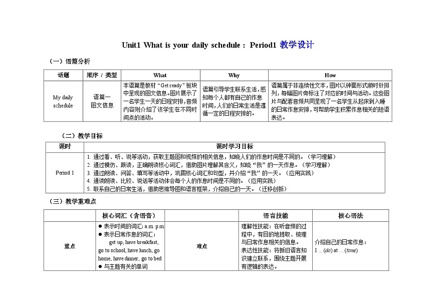 Unit1 ：Period1教学设计表格式 ——2025-2026学年四年级下册《英语》沪教牛津版六三制一起(2024)第1页