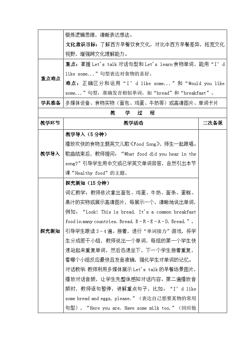 【新教材】人教PEP版（2024）三年级下册英语Unit 4 Healthy food教案（共6课时）第3页