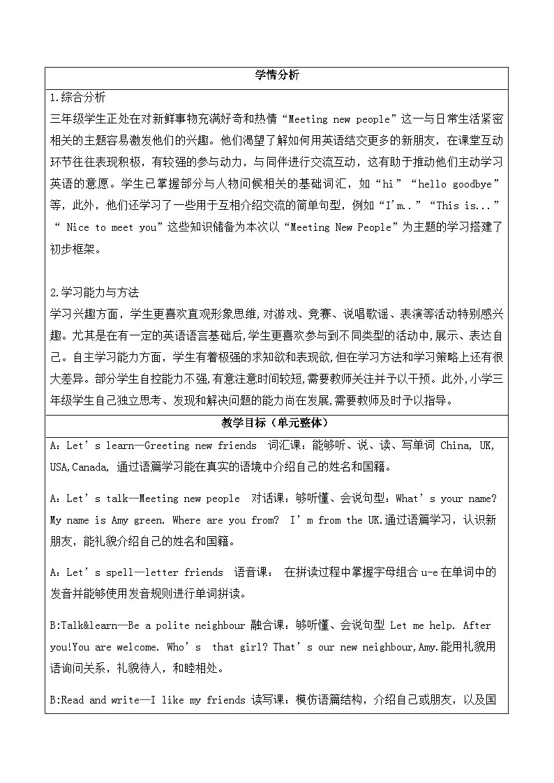【新教材】人教PEP版（2024）三年级下册英语Unit 1 Meeting new people教案（单元整体教学设计）第2页