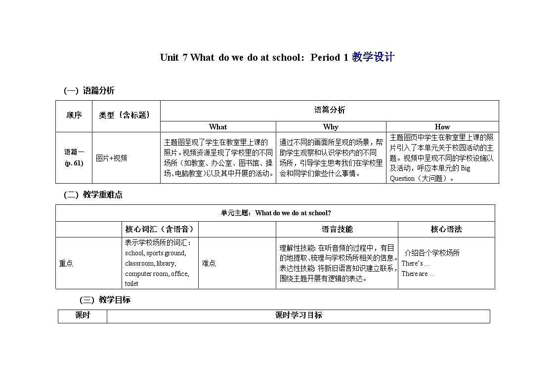 Unit 7 What do we do at school：Period 1教学设计-2025-2026学年三年级下册《英语》沪教牛津版六三制一起(2024)第1页