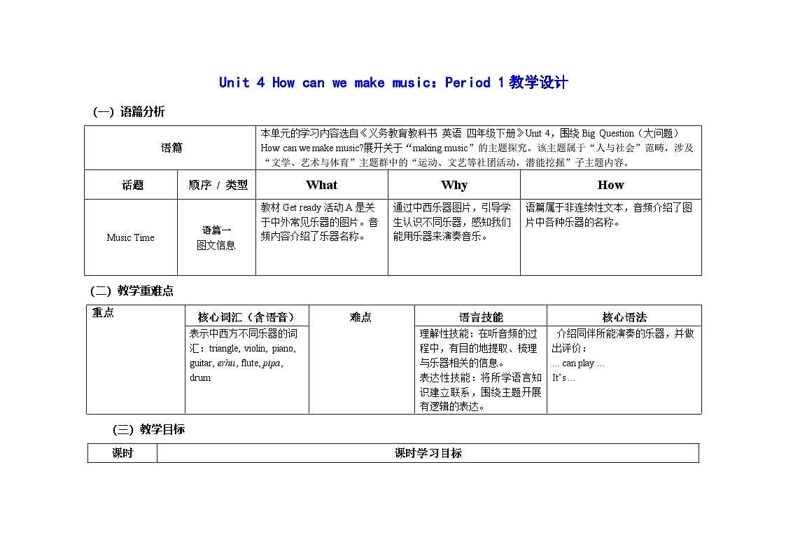 Unit 4 ：Period 1教学设计表格式-2025-2026学年四年级下册《英语》沪教牛津版六三制一起(2024)第1页