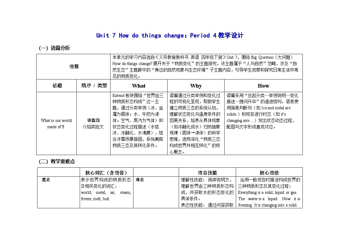 Unit 7  ：Period 4教学设计表格式-2025-2026学年四年级下册《英语》沪教牛津版六三制一起(2024)第1页