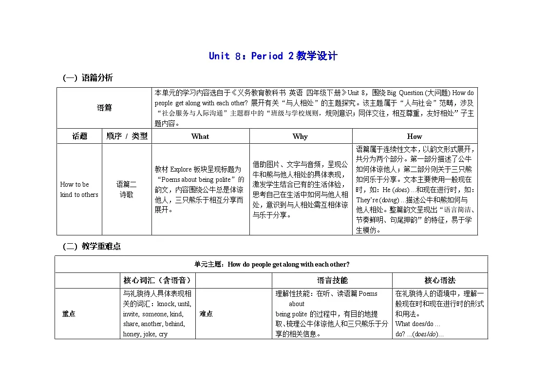 Unit 8：Period 2教学设计表格式-2025-2026学年四年级下册《英语》沪教牛津版六三制一起(2024)第1页