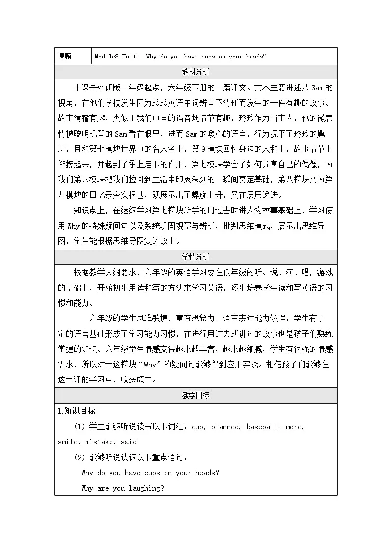 外研版（三起）（陈琳主编）小学英语六年级下册 Module 8 Unit 1 Why do you have cups on your heads 教案第1页