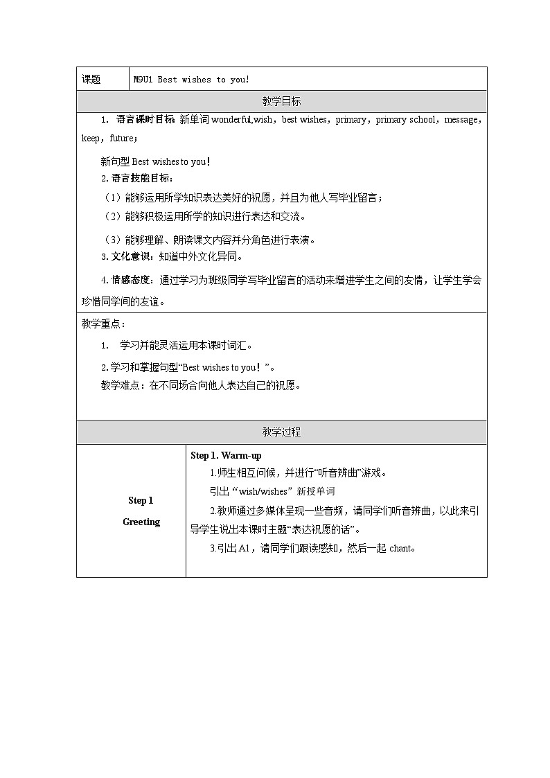 外研版（三起）（陈琳主编）小学英语六年级下册 Module 9 Unit 1 Best wishes to you 教案第1页
