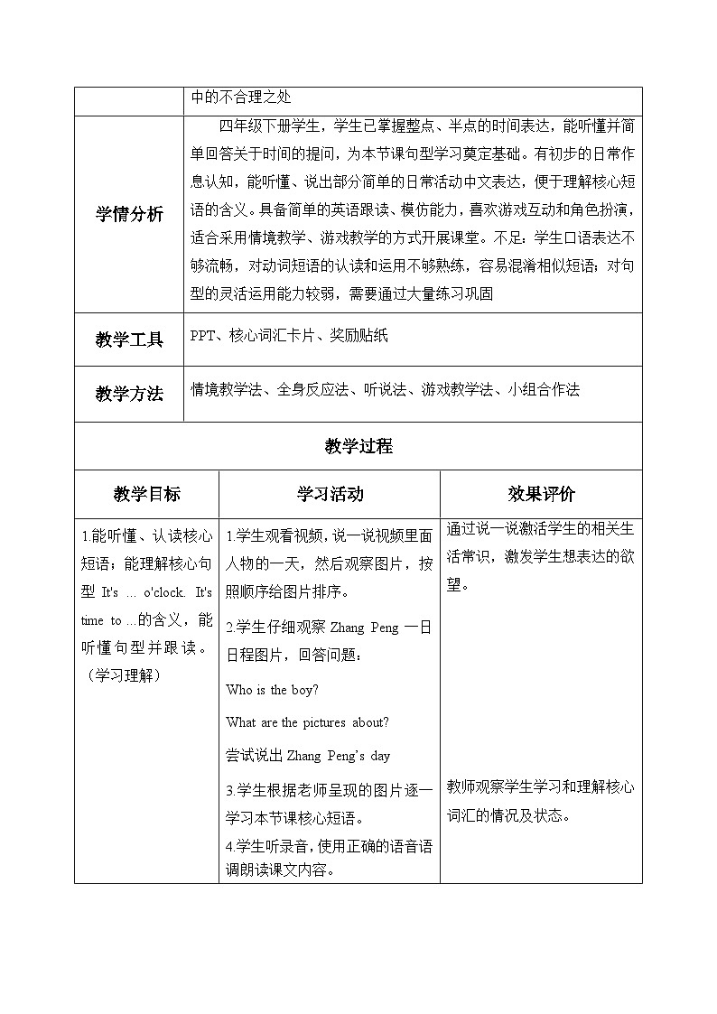 Unit 3 Time for school Part B Let’s learn&Look and say (表格式教学设计)人教PEP版四年级英语下册第3页