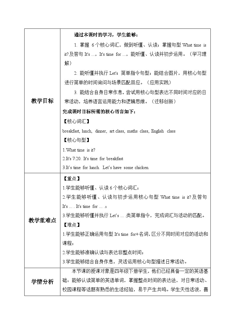 Unit 3 Time for school Part A Let’s learn&Listen and do (表格式教学设计)人教PEP版四年级英语下册第2页