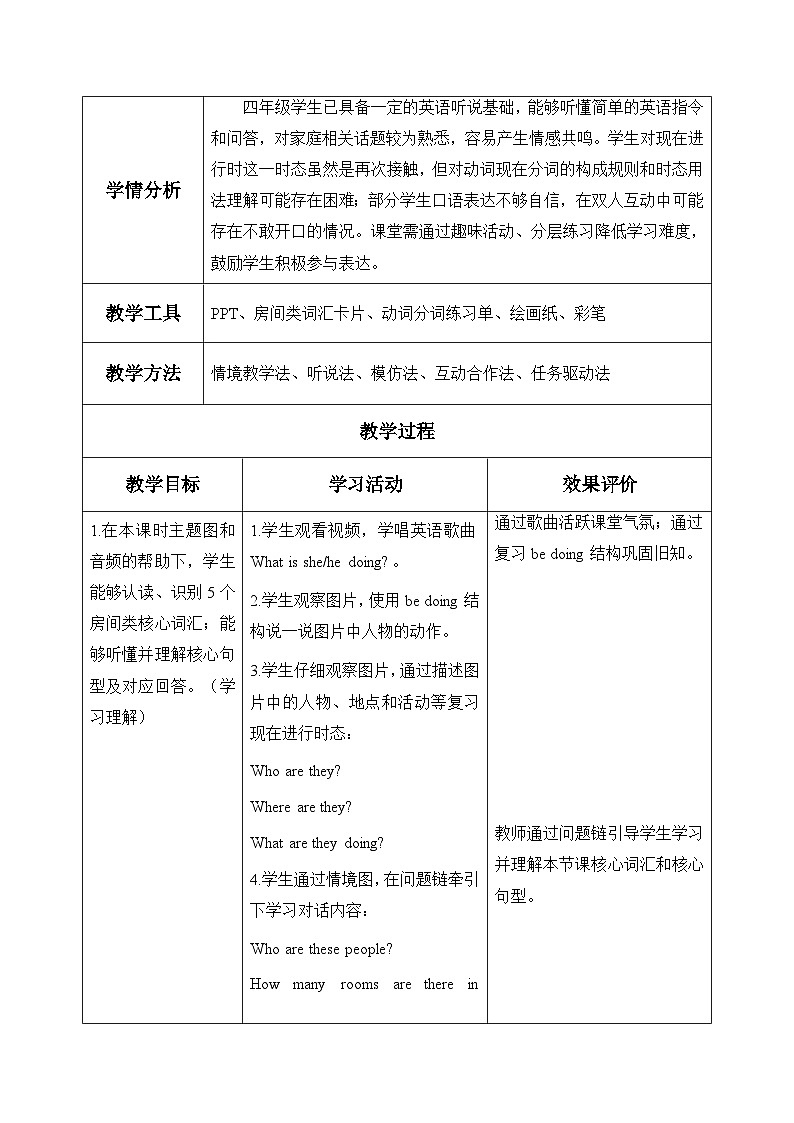 Unit 2 Family rules Part B Let’s learn&Look, match and say(表格式教学设计)人教PEP版四年级英语下册第3页