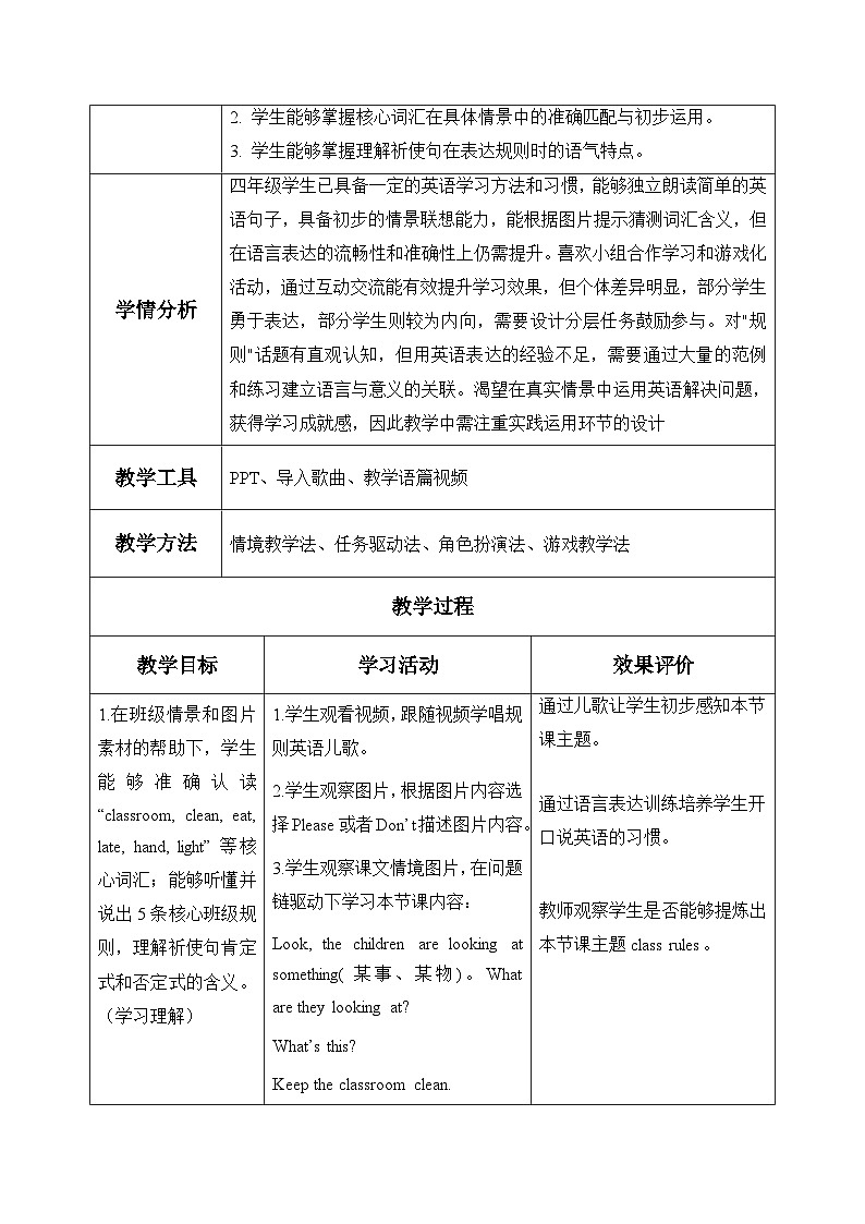 Unit 1 Class rules Part A Let’s learn&Look and say(表格式教学设计)人教PEP版四年级英语下册第3页