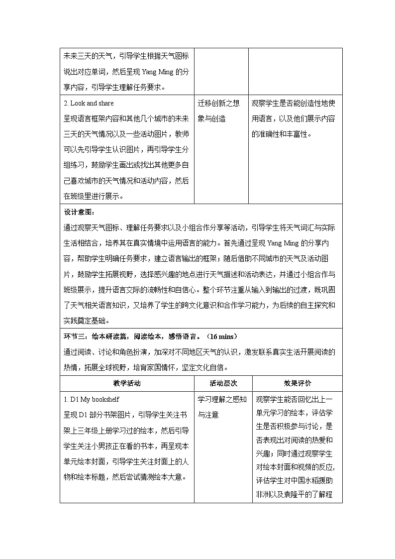 Unit 1 It’s a sunny day 第4课时 教案表格式 小学英语辽师大版（2024）三年级下册第3页