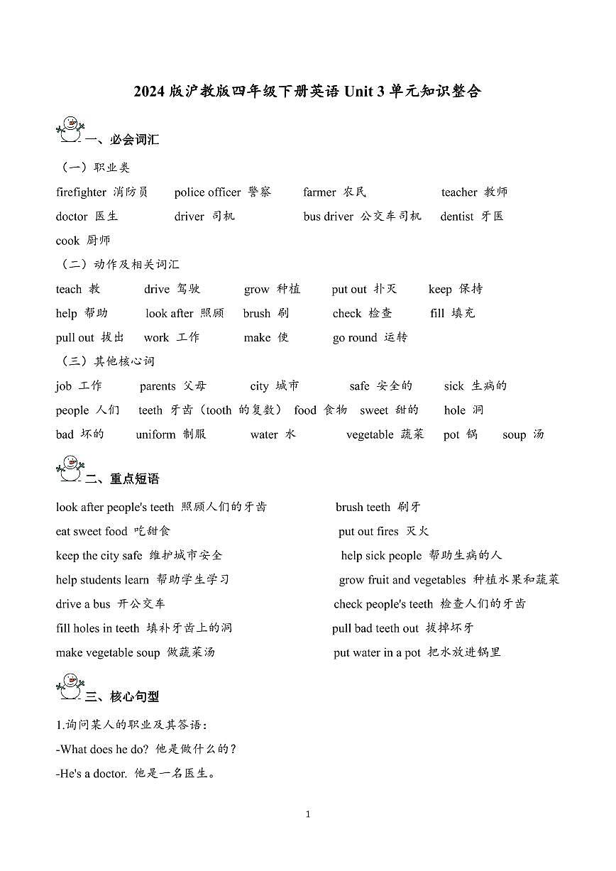 2024版沪教版四年级下册英语Unit 3单元知识整合导学案含答案第1页