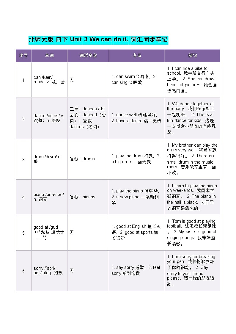 北师大版四年级英语下册 Unit 3 We can do it. 词汇同步笔记（知识清单）第1页