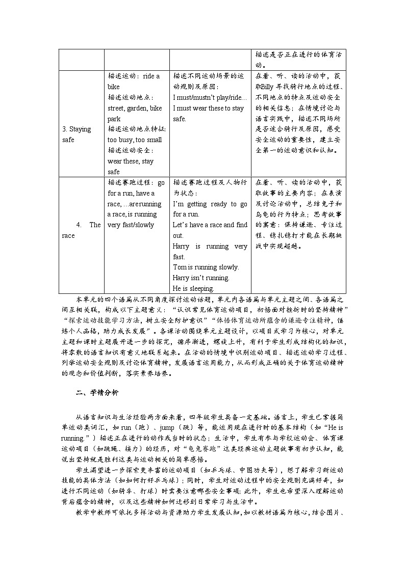 北师大版四年级英语下册 Unit 2 Sports 教学设计第2页