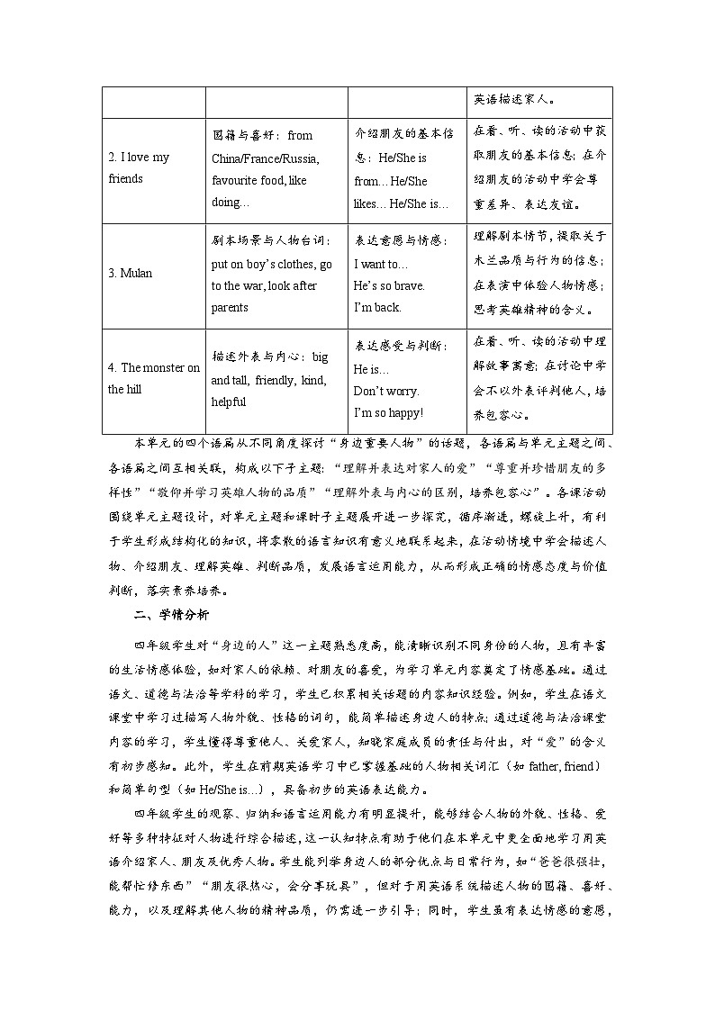 北师大版四年级英语下册 Unit 1 People I love 教学设计第2页