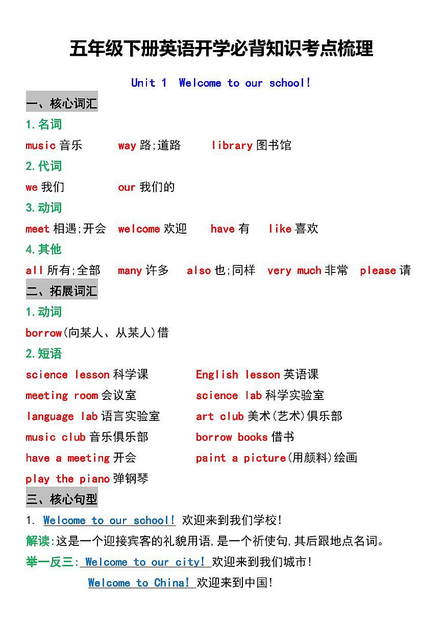 人教版PEP五年级英语下册【1-6单元知识考点梳理】学案第1页