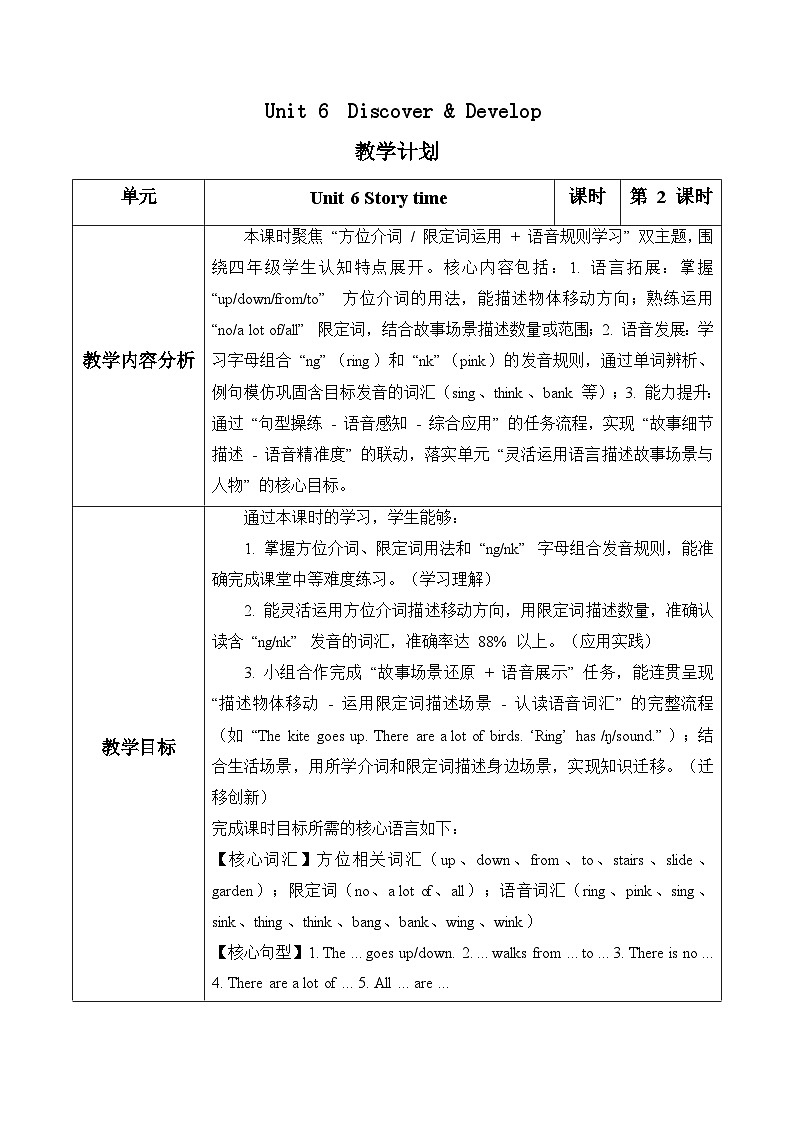 Unit 6 第2课时Discover & Develop（表格式教学设计）人教大同版四年级英语下册第1页