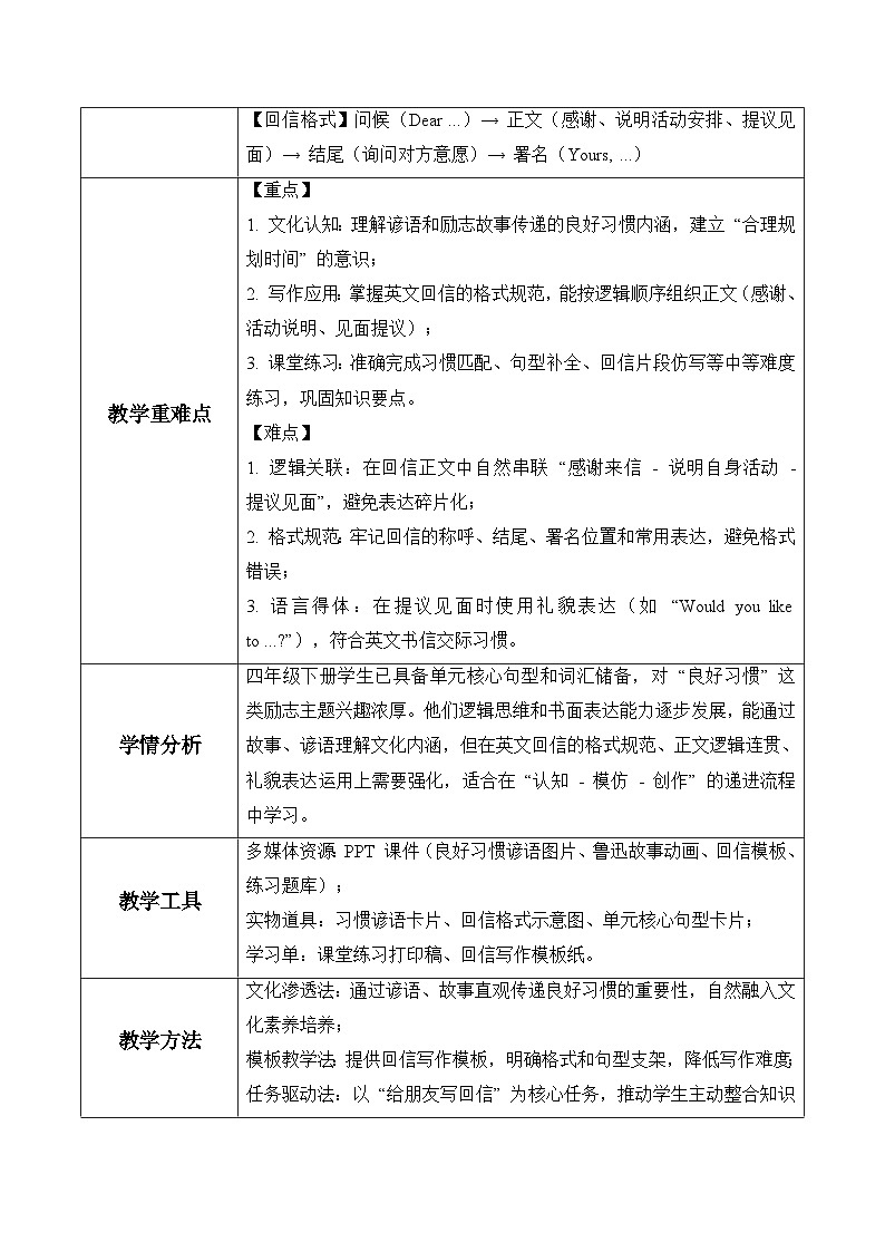 Unit 4 第3课时Explore & Apply（表格式教学设计）人教大同版四年级英语下册第2页