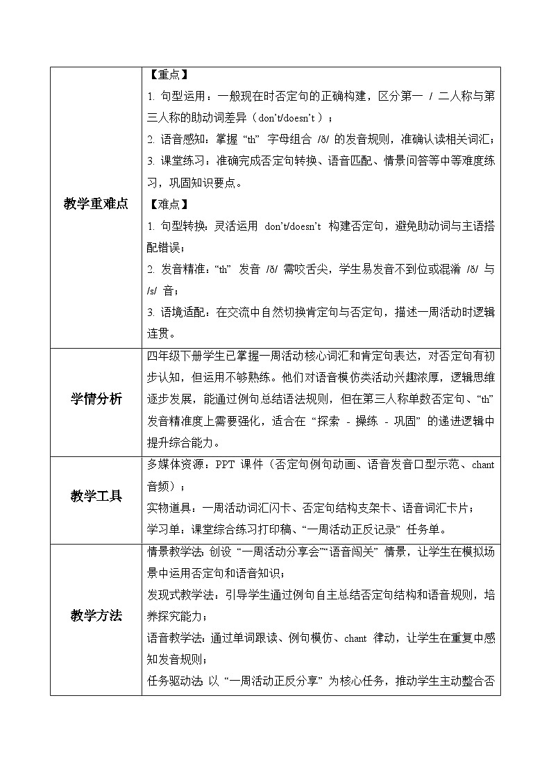 Unit 4 第2课时Discover & Develop（表格式教学设计）人教大同版四年级英语下册第2页