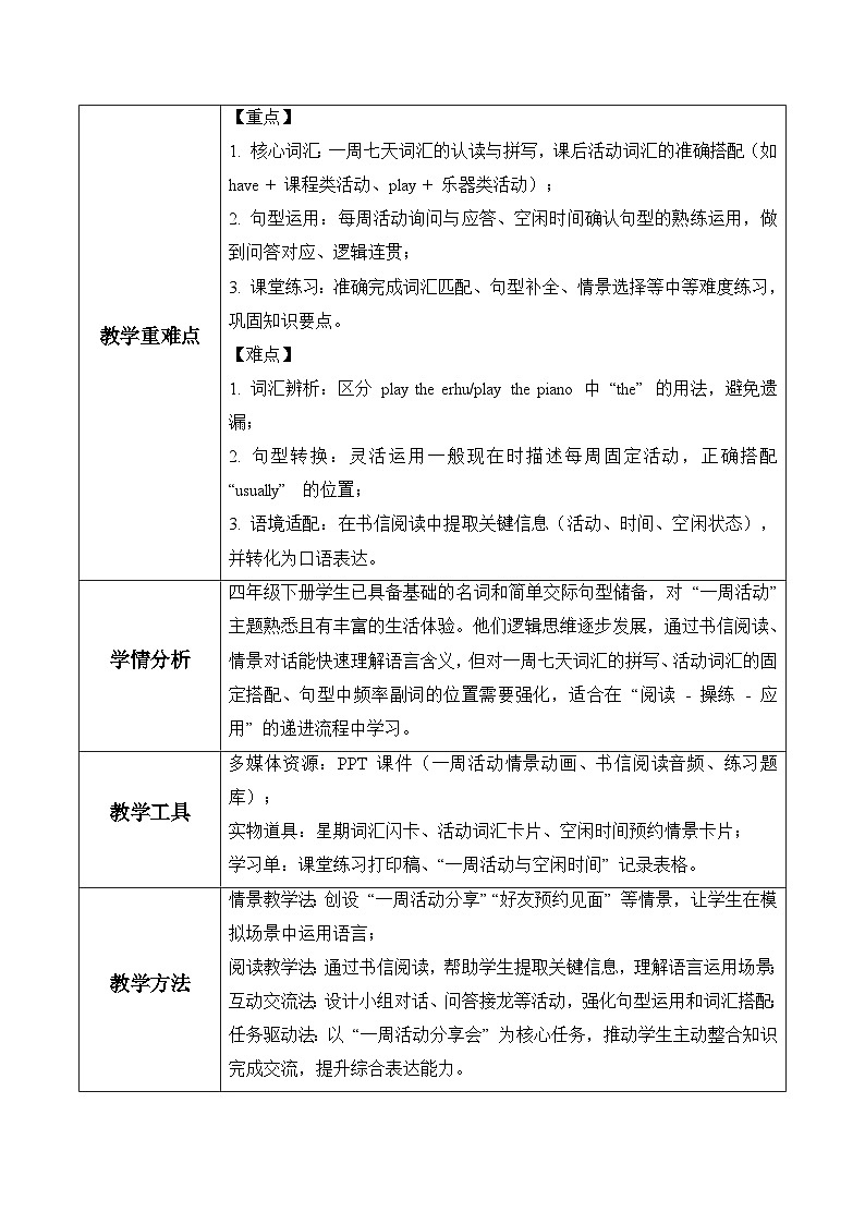 Unit 4 第1课时Experience & Understand（表格式教学设计）人教大同版四年级英语下册第2页