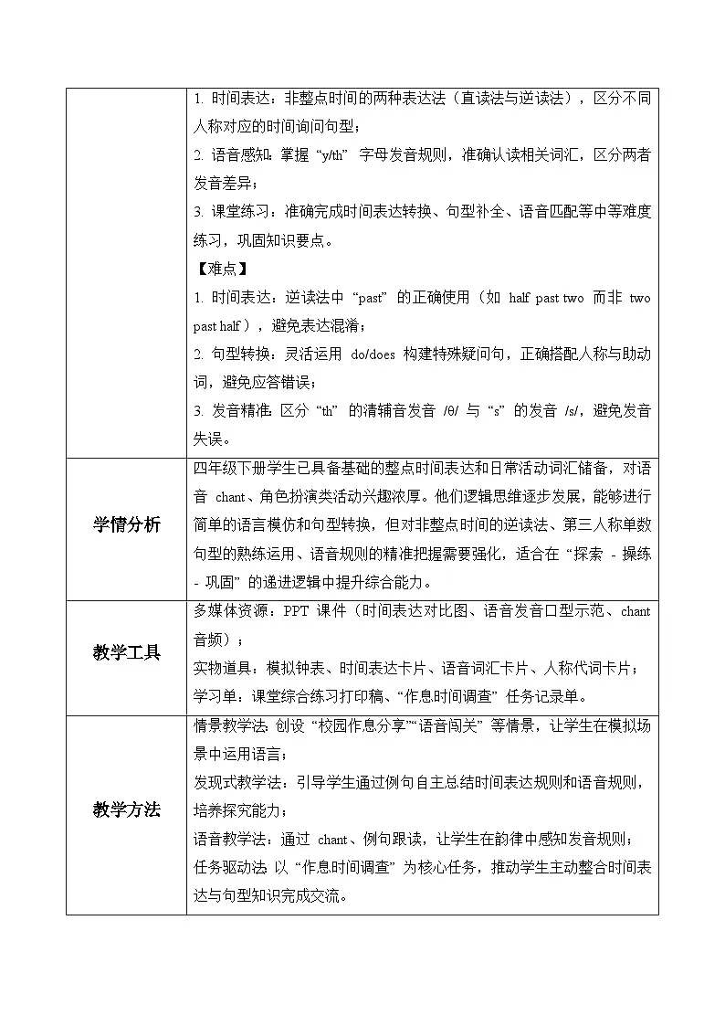 Unit 3 第2课时Discover & Develop（表格式教学设计）人教大同版四年级英语下册第2页