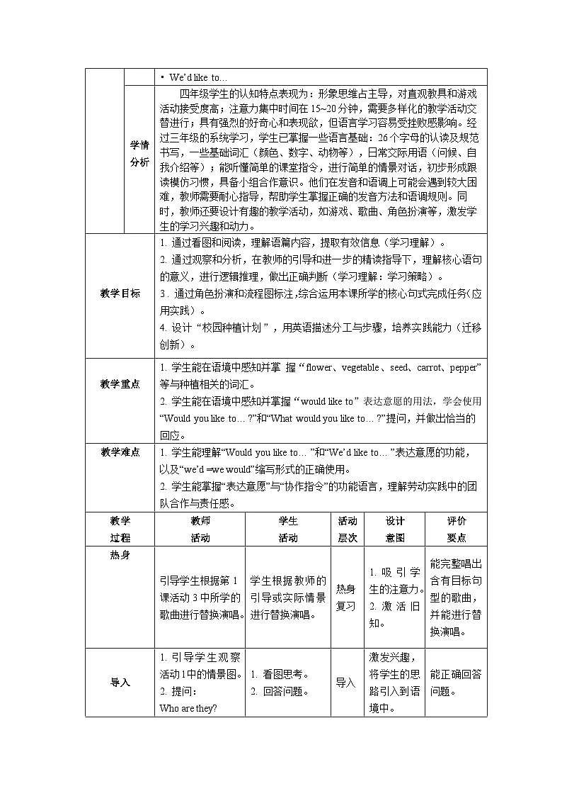 重大版四年级英语下册 Unit 2 A School Day-Lesson 3表格式教学设计第2页