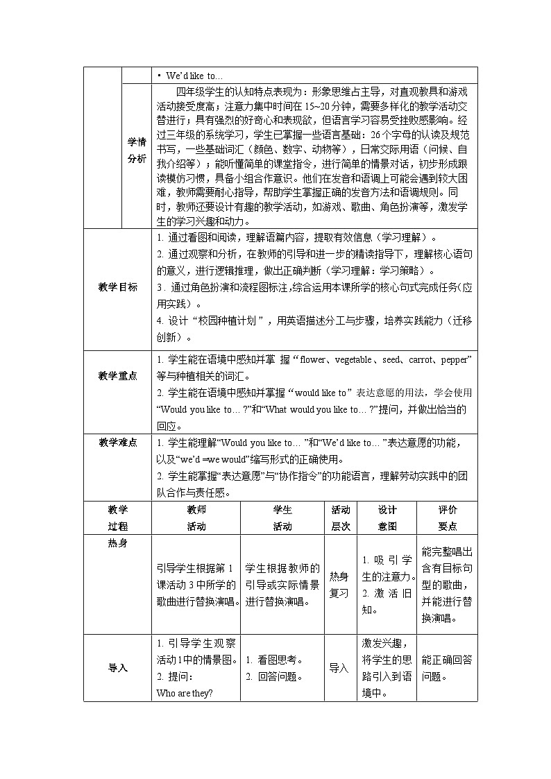 重大版四年级英语下册 Unit 2  A School Day-Lesson 3表格式教学设计第2页