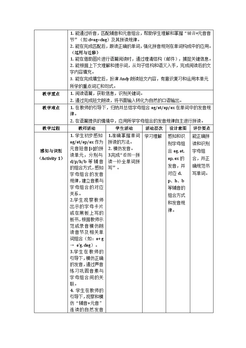 重大版四年级英语下册 Unit 1 Our School-Phonics 表格式教学设计第2页