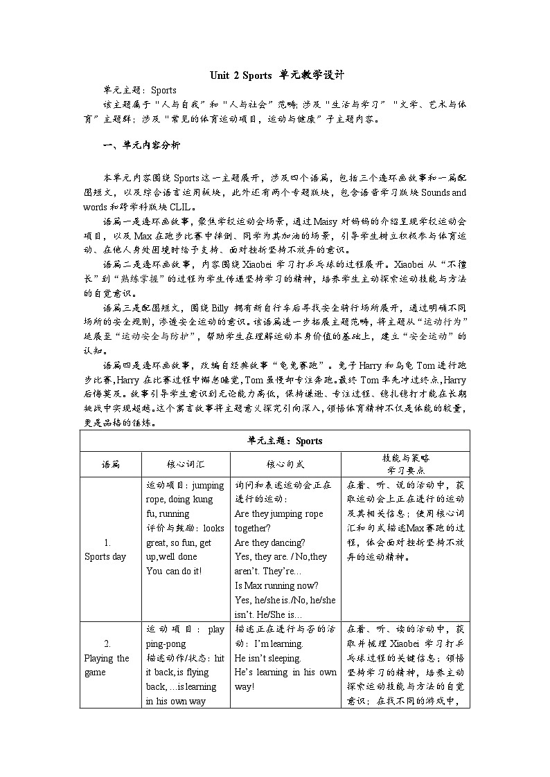 Unit 2 Sports单元教学设计——2025-2026学年四年级下册《英语》北师大版（2024）第1页