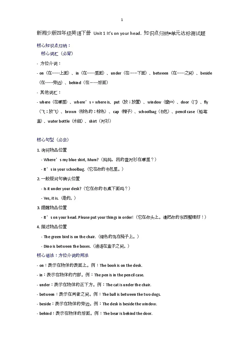 Unit 1 It s on your head. 单元练习卷（含答案）-湘少版（三起）英语四年级下册第1页