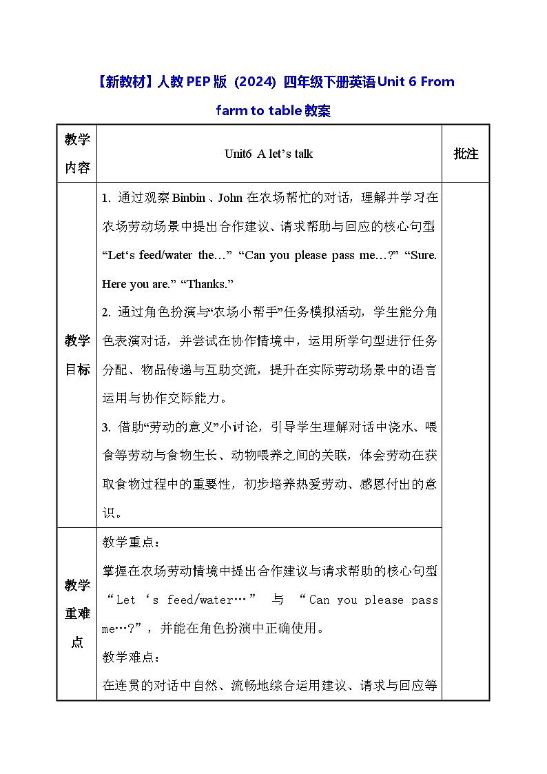 【新教材】人教PEP版（2024）四年级下册英语Unit 6 From farm to table教案第1页