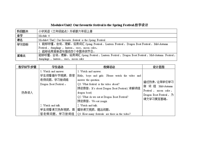 六年级上册英语教案Module4 Unit2 Our favourtie festival is the Spring Festival外研社（三起）01
