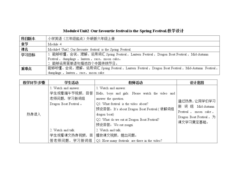 六年级上册英语教案Module4 Unit2 Our favourtie festival is the Spring Festival外研社（三起）01