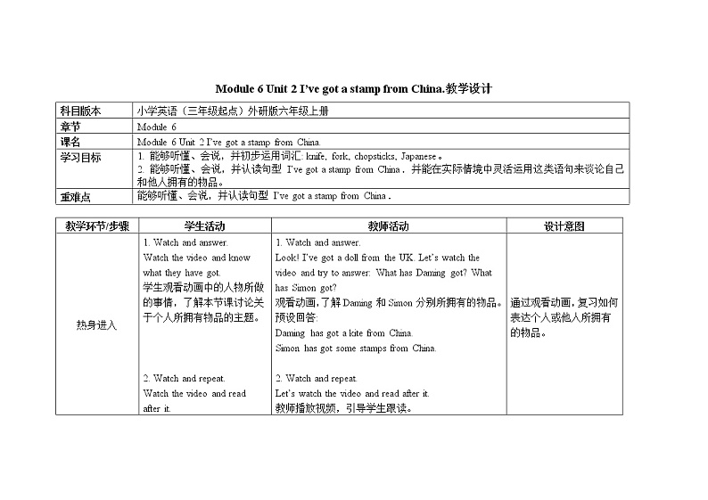 六年级上册英语教案Module 6 Unit 2 I’ve got a stamp from China外研社（三起）01