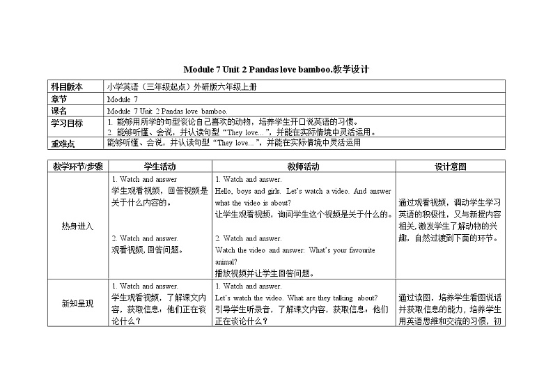 六年级上册英语教案Module 7 Unit 2 Pandas love bamboo外研社（三起）01