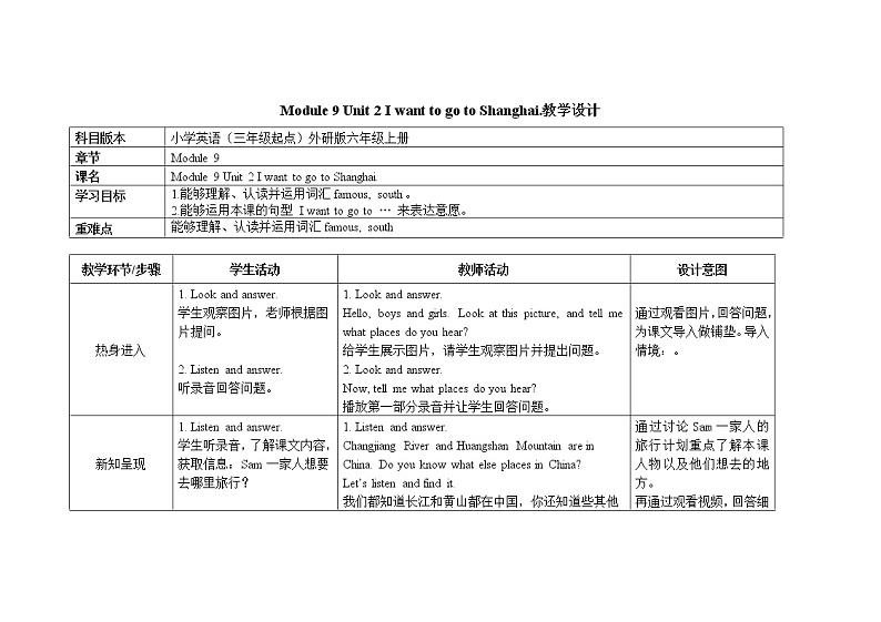 六年级上册英语教案Module 9 Unit 2 I want to go to Shanghai外研社（三起）01