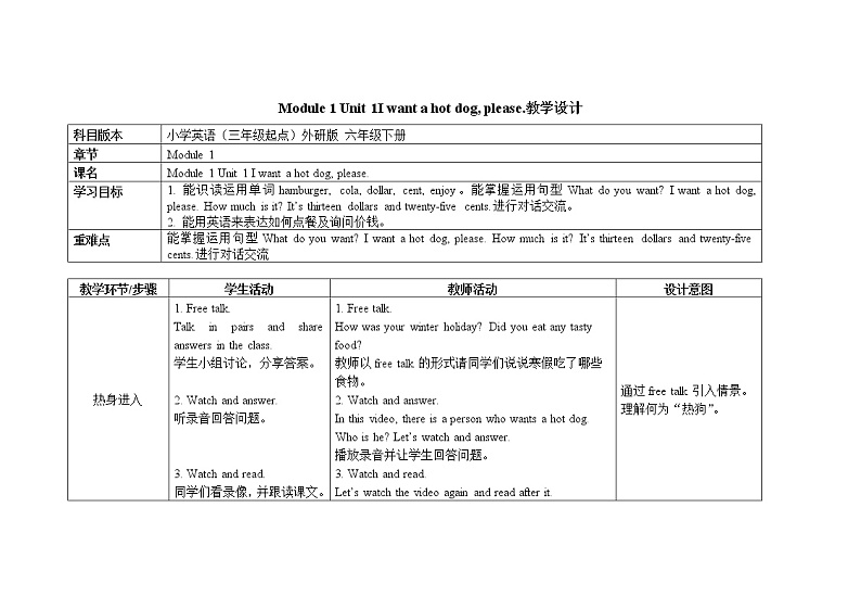 六年级下册英语教案 Module 1 Unit 1I want a hot dog, please. 外研社（三起）第1页