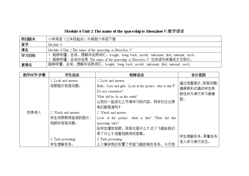 六年级下册英语教案 Module 6 Unit 2 The name of the spaceship is Shenzhou V 外研社（三起）01