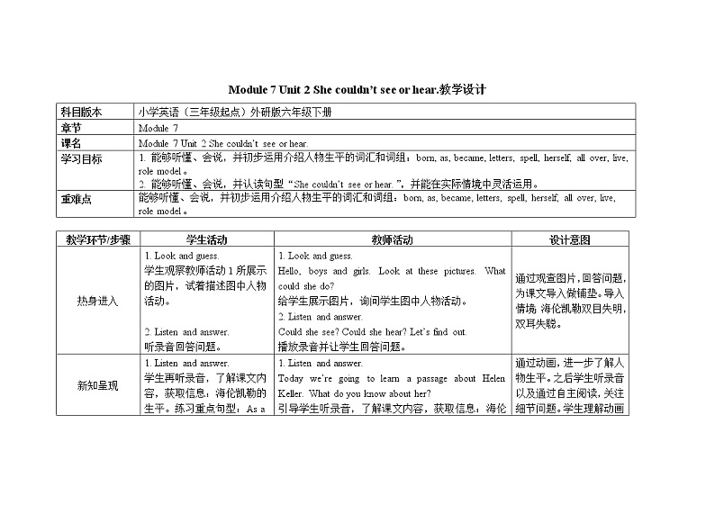 六年级下册英语教案 Module 7 Unit 2 She couldn’t see or hear 外研社（三起）01