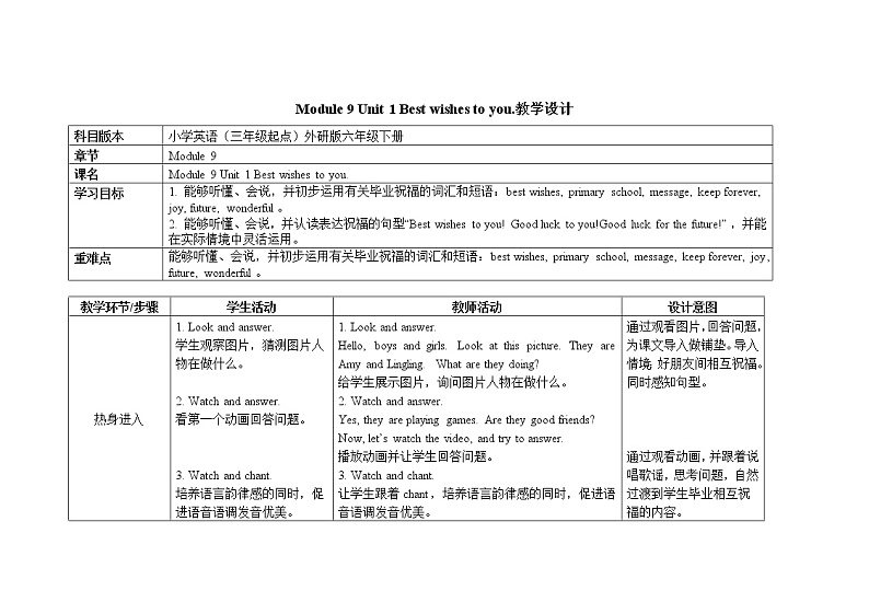 六年级下册英语教案Module 9 Unit 1 Best wishes to you外研社（三起）01
