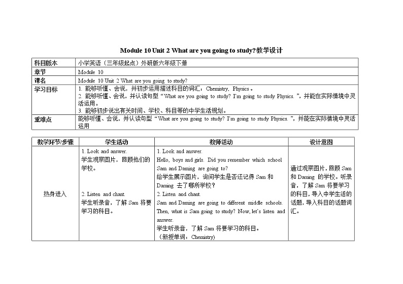 六年级下册英语教案Module 10 Unit 2 What are you going to study外研社（三起）01