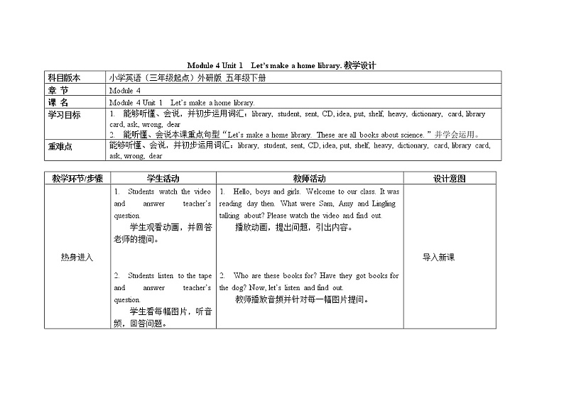 五年级下册英语教案Module 4 Unit 1  Let’s make a home library外研社（三起）01