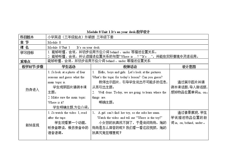 三年级下册英语教案Module 8 Unit 1 It’s on your desk 外研社（三起）01