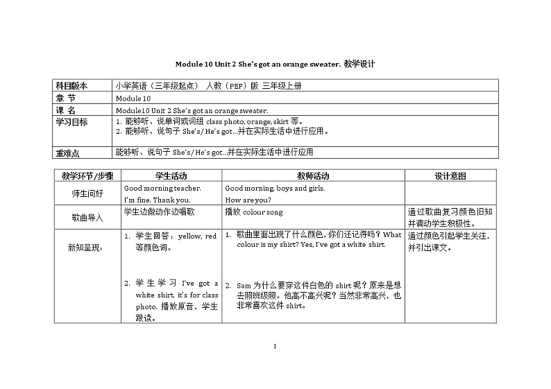 三年级下册英语教案Module 10 Unit 2 She’s got an orange sweater 外研社（三起）01