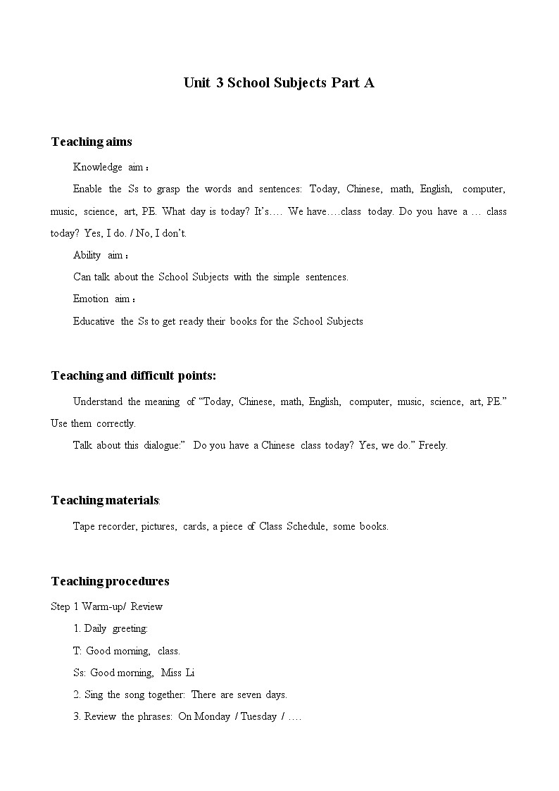 Unit 3 School Subjects Part A    教案01