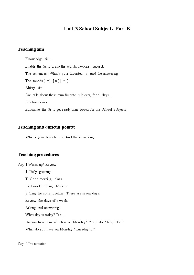 Unit 3 School Subjects Part B   教案01